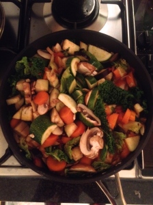 Cramming in as much veg as possible.